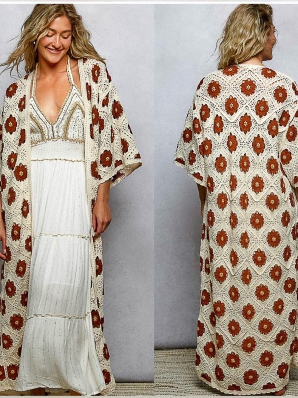POL Cream Crochet Floral Duster with Rust Flowers